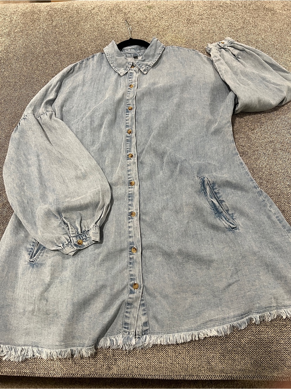 Light Wash Denim Button-Up Dress with Frayed Hem